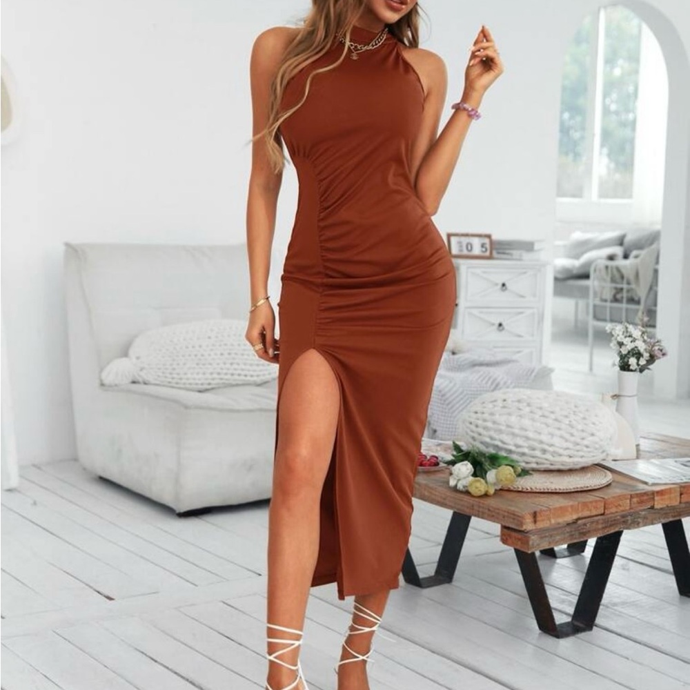 Ruched Keyhole Back Split Thigh Dress